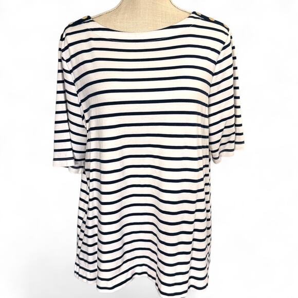 Croft & Barrow XL Navy Blue/White Striped Short Sleeve Tee w/ Gold Buttons - Picture 1 of 4